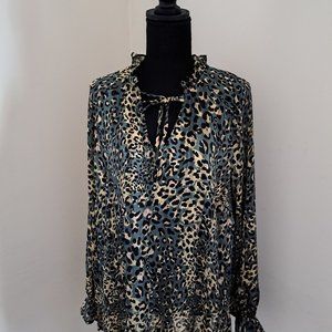 Women's leopard print top fluted collar and sleeves tie neck blouse green black